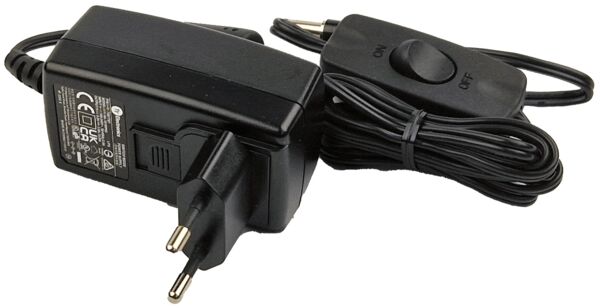 The image displays a black power supply unit with a plug for a socket. It features a cable with a switch that indicates 