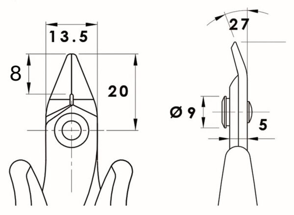 The image displays technical drawings of a tool with dimensions. On the left is the front view, on the right the side view. Dimensions are indicated on the lines.