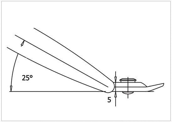 The image shows a side view of a technical drawing. A line segment has an angle of 25°, and a vertical dimension of 5 is marked.