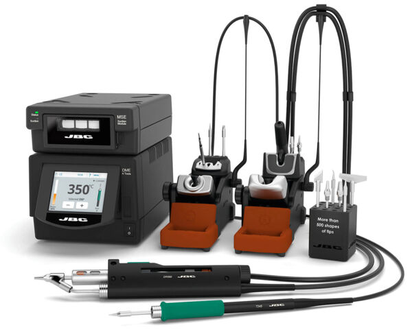 The image shows a soldering device with a control unit and two soldering irons, which have different tips. The display shows the temperature, and several soldering tips are visible in a holder.