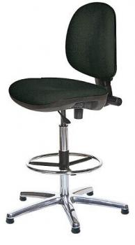 The chair has a round seat and a high, padded backrest. It stands on an adjustable base with five caster feet and a metal ring for foot support. The color is black.