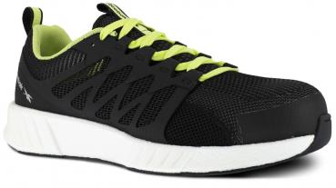 The shoe is sporty and made of black mesh material with green laces. The sole is white and slightly textured. It appears modern and is well-suited for athletic activities.