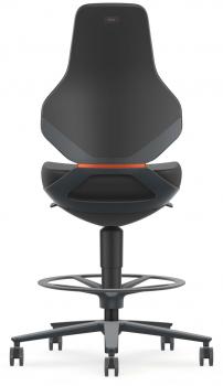 The office chair has a black, ergonomic backrest with a curved shape. The seat is also black and features an orange control strip. It stands on a five-spoke base with casters.