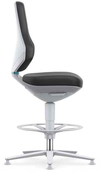 The image shows a modern office chair in profile view. The chair has a black seat and a light gray backrest. It stands on a sturdy silver base with casters.