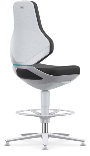 The image shows a modern office chair with a high, ergonomic backrest in light and dark colors. It features a round footrest and an adjustable, silver base.