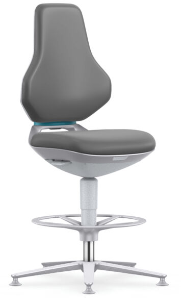 The chair has a tall, contoured backrest and a wide, padded seat in gray. It stands on an adjustable, silver base and has a foot ring for better support.