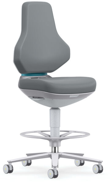 The image displays an ergonomic office chair with a gray cover. It features a high backrest, a round, adjustable seat, and a metal base with five casters for mobility.