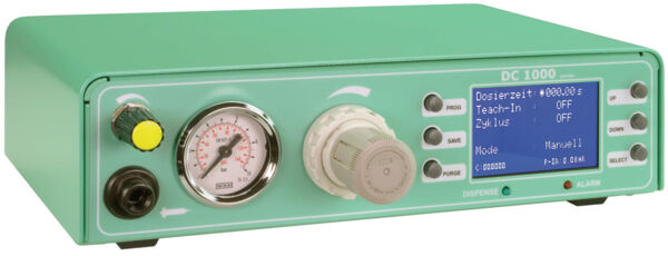 The image shows a device in mint green color with a digital display, multiple dials and buttons. There is a pressure gauge and a large rotary knob for adjustment.