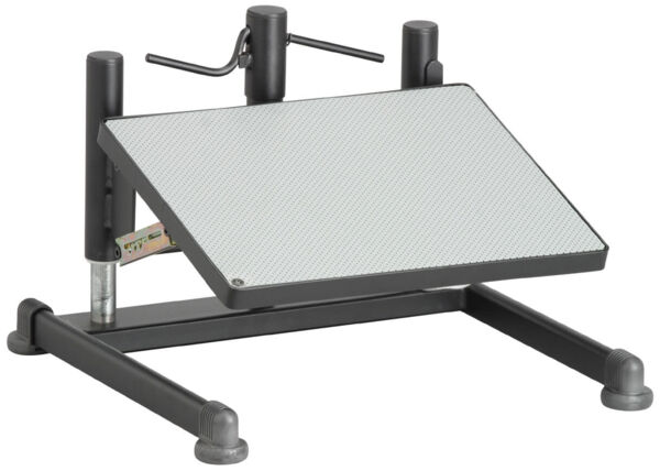 The image shows an adjustable height worktable with a slanted, perforated work surface. It stands on stable feet and has a hand crank for adjustment.