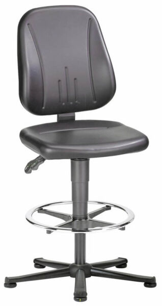 The image shows a black bar stool with a padded seat and backrest. It has an adjustable height and a round metal footrest. The stool is mounted on a stable base with casters.