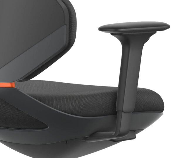 The image shows a modern office chair with an ergonomic backrest and a padded seat. The armrest is height-adjustable and has a simple, black surface.