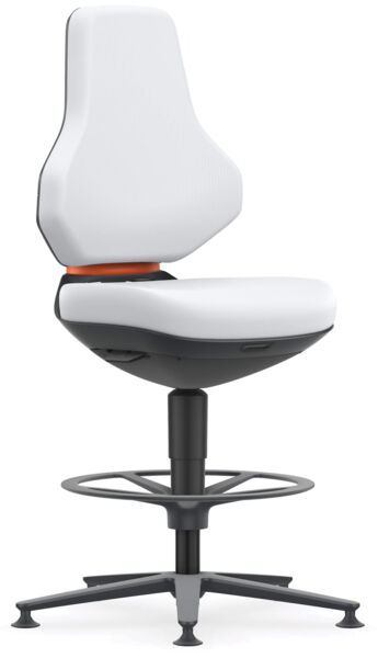 The chair has a high backrest and a padded seat in white. It stands on a black, round base with a footrest that provides stable support.