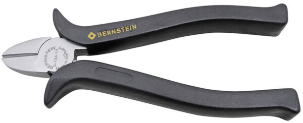 The image shows a pair of pliers with a black plastic handle and a narrow, metallic blade. The handle is ergonomically shaped and the blade appears sharp and precise.