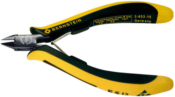 The image shows a black and yellow pliers with narrow, pointed jaws. The handle is ergonomically shaped and has a non-slip surface for better grip.