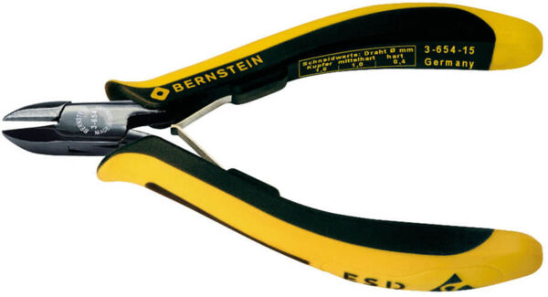 The image shows a pair of pliers with black, pointed blades and an ergonomic handle in yellow and black. The handle features markings and the "BERNSTEIN" logo.