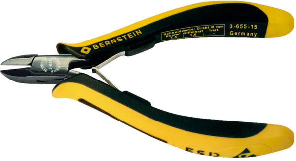 The image shows a pair of pliers with a short, sharp head and ergonomic, yellow-black handles. It is designed for precise cutting and has the brand "BERNSTEIN" embossed.