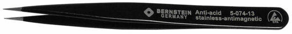 The image shows a black stainless steel tweezer with narrow tips. The tweezer is engraved with textual information such as "BERNSTEIN GERMANY" and "Anti-acid stainless-antimagnetic".