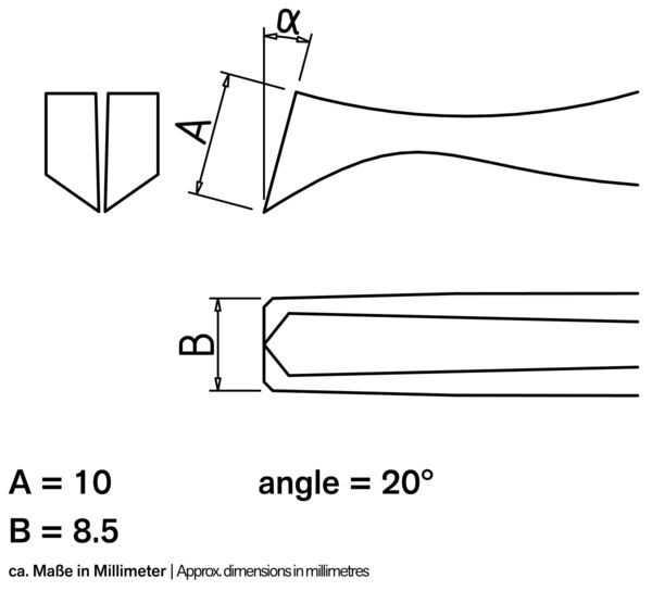 Das Bild zeigt technische Zeichnungen einer Form mit zwei Maßen: A (10 mm) und B (8,5 mm). Es gibt einen Winkel von 20°. Die Formen sind schematisch dargestellt.