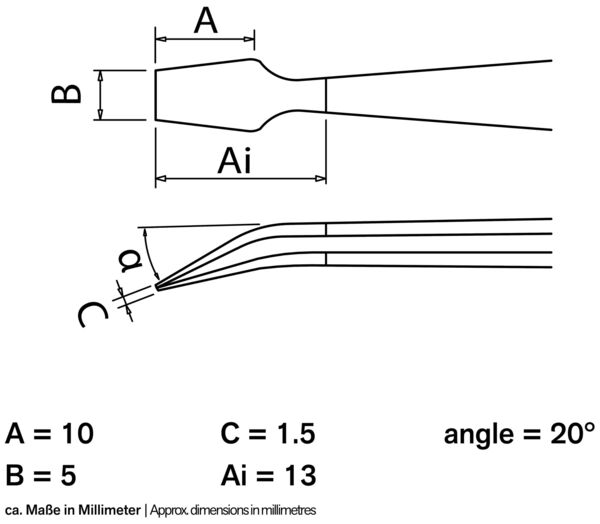 Das Bild zeigt technische Zeichnungen mit Maßen für ein Objekt. Es enthält zwei Ansichten: eine oberseitige und eine Seitenansicht. Dimensionen sind in Millimetern angegeben.