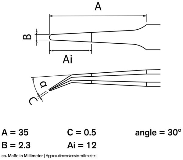 Das Bild zeigt technische Zeichnungen eines Werkzeugs mit verschiedenen Maßen: A = 35 mm, B = 2,3 mm, und Winkel von 30°. Linien und Maße sind deutlich dargestellt.