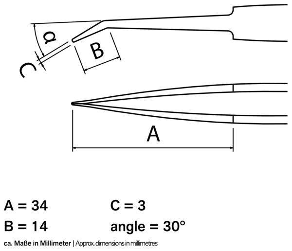 Das Bild zeigt eine technische Zeichnung eines Werkzeugs, vermutlich einer Zange oder Pinzette, mit Maßangaben in Millimetern. Es sind die Längen A, B und C sowie ein Winkel angegeben.