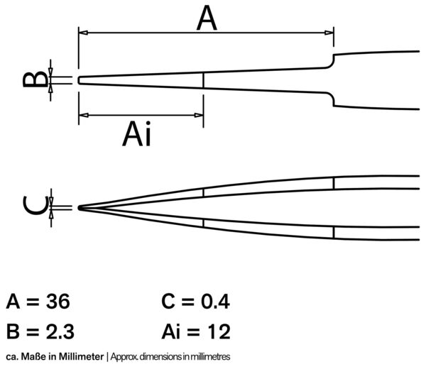 Das Bild zeigt technische Zeichnungen eines Objekts mit verschiedenen Maßen. Es gibt mehrere Maße: A, B, C und Ai, dargestellt in Millimetern. Die Zeichnungen sind schematisch und technisch orientiert.