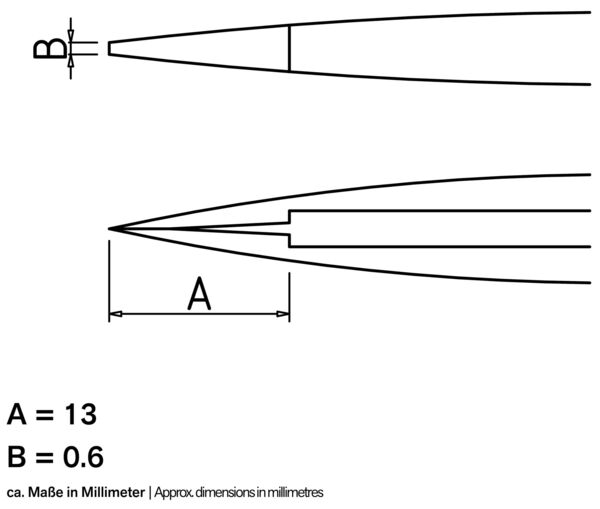 Das Bild zeigt technische Zeichnungen mit zwei verschiedenen Maßen. Oben ist ein spitz zulaufendes Element mit der Breite B = 0,6 mm, unten eine Ansicht mit der Länge A = 13 mm.