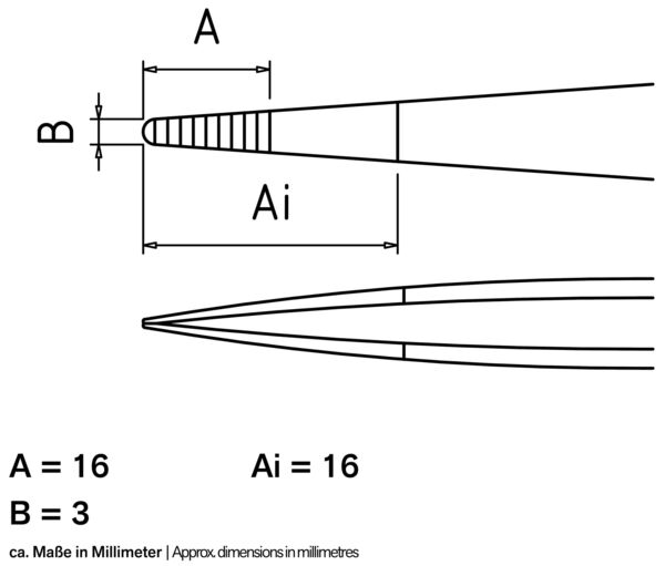 Das Bild zeigt eine technische Skizze eines Objekts mit zwei Ansichten. Oben eine Draufsicht mit den Maßen A (16 mm), B (3 mm) und Ai (16 mm). Unten eine seitliche Ansicht, die die Form verdeutlicht.