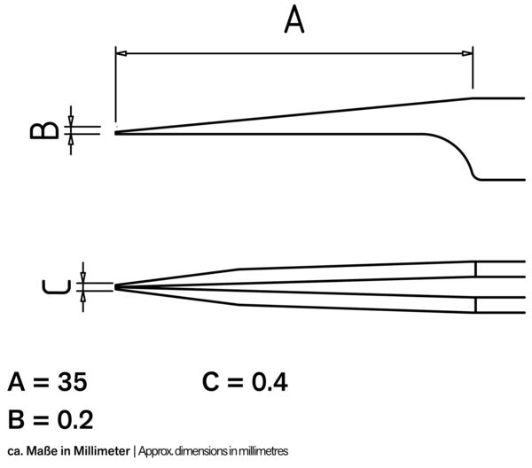 Das Bild zeigt technische Zeichnungen mit drei Maßen: A (35 mm), B (0,2 mm) und C (0,4 mm). Es sind zwei schematische Linien dargestellt, mit unterschiedlich geformten Enden.