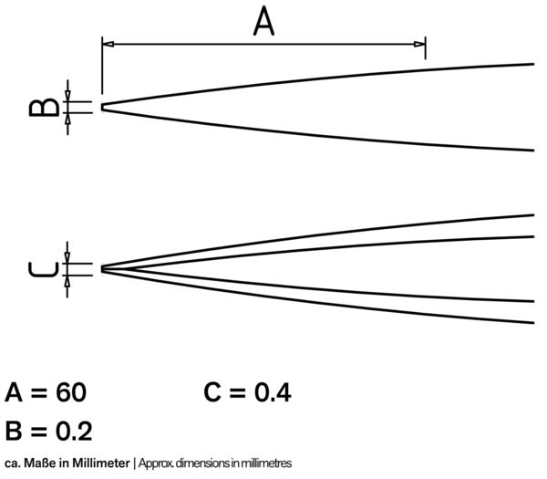 Das Bild zeigt zwei schematische Darstellungen. Oben sind zwei Linien, die in einem Punkt zusammentreffen, mit den Maßen A (60 mm) und B (0,2 mm). Unten scheinen Linien divergierend zu verlaufen mit Maß C (0,4 mm).