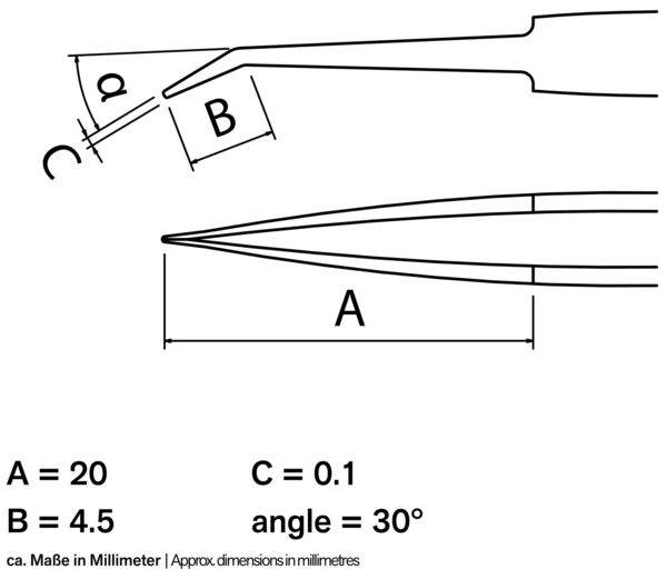 Das Bild zeigt eine technische Zeichnung einer Pinzette. Es sind Dimensionen angegeben: A = 20 mm, B = 4,5 mm, C = 0,1 mm, und ein 30°-Winkel. Beschriftet sind die Maße und der Hinweis auf Millimeter.