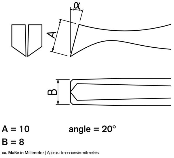 Das Bild zeigt technische Zeichnungen eines Werkzeugs mit zwei gezeichneten Ansichten. Angaben zu Maßen (A=10 mm, B=8 mm) und einem Winkel von 20° sind darunter angegeben.