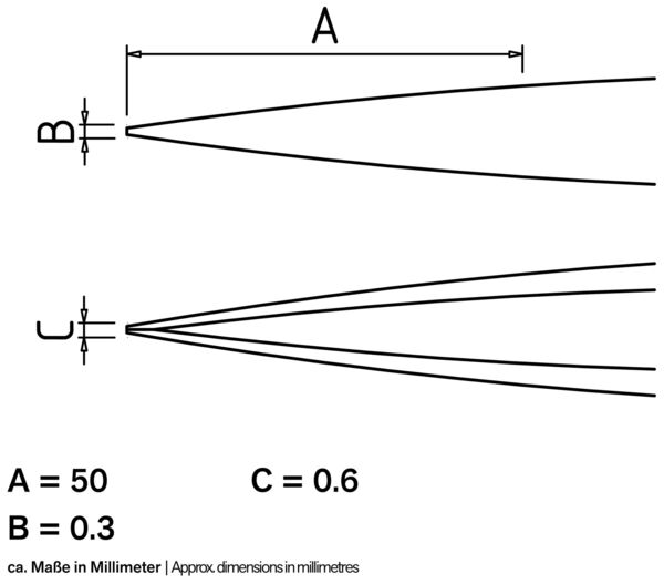 Das Bild zeigt zwei Diagramme mit Linien, die unterschiedliche Formen darstellen. Es gibt Maße: A ist 50 mm, B 0.3 mm und C 0.6 mm, alle in Millimetern angegeben.