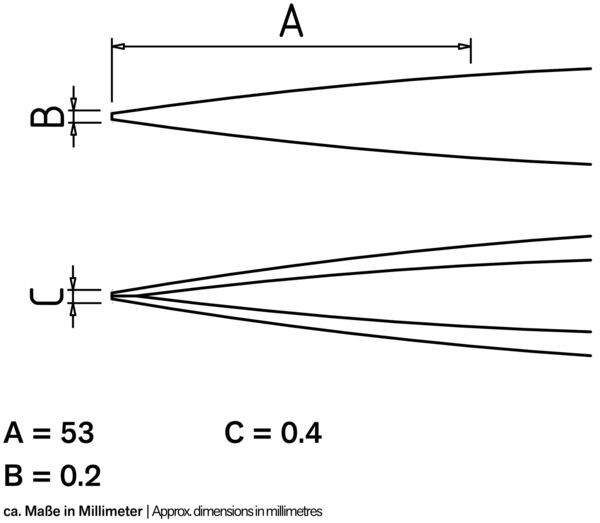 The image displays technical drawings with three groups of lines. At the top is a wide line (A=53 mm), below it a narrow line (B=0.2 mm), and at the very bottom a thin line (C=0.4 mm).