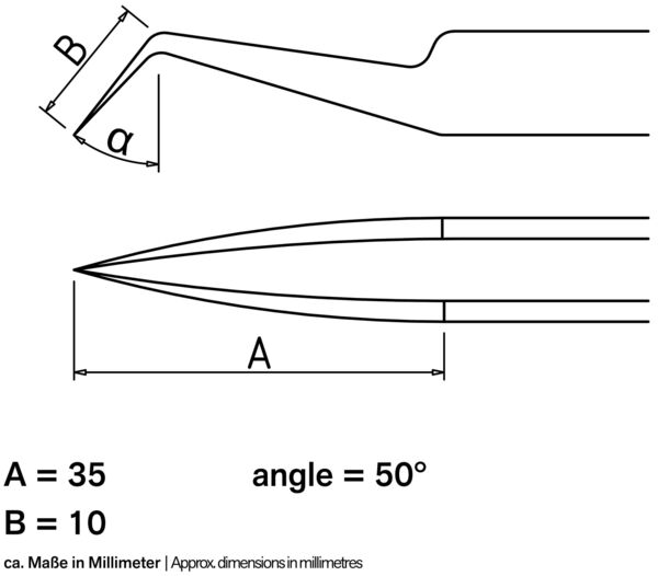 Das Bild zeigt eine technische Skizze eines Werkzeugs mit Ausschnitten. Gegeben sind Längen A (35 mm) und B (10 mm) sowie ein Winkel von 50°. Maße sind im Millimeter angegeben.