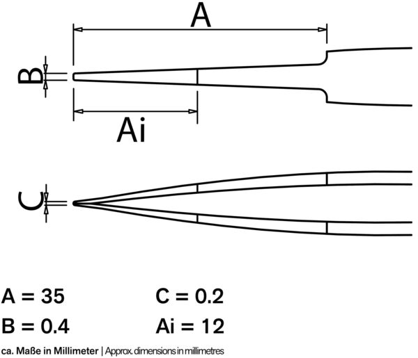 The image displays a technical drawing with dimensions for a tool. Various lengths are specified: A=35 mm, B=0.4 mm, C=0.2 mm, Ai=12 mm. There are clear lines and shapes.