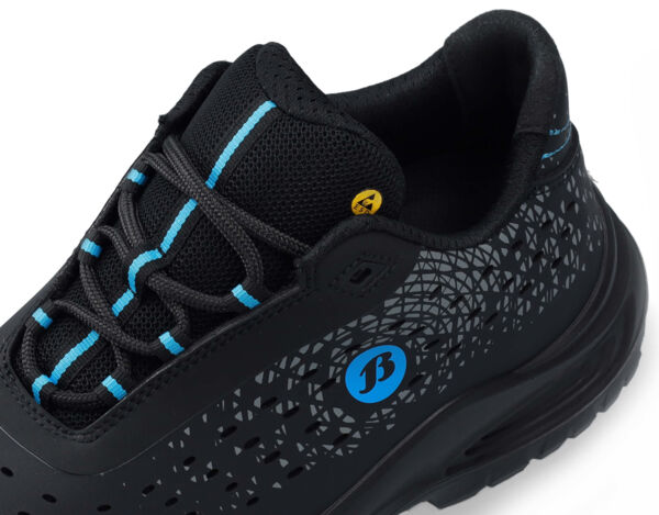 The image shows a black sports shoe with a striking pattern. The shoelaces are gray, while accents are in blue and yellow. The shoe appears modern and sporty.