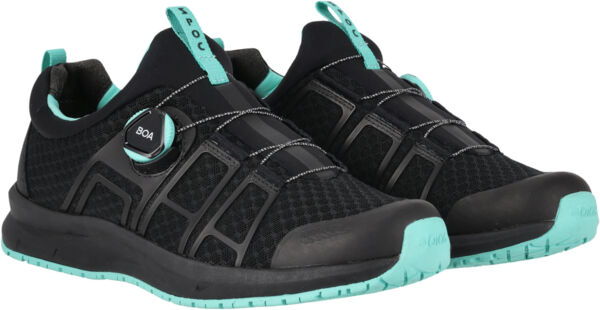 The image shows a pair of black sneakers with mint green accents. They feature a breathable upper and a combination of lacing system and a special twist lock.