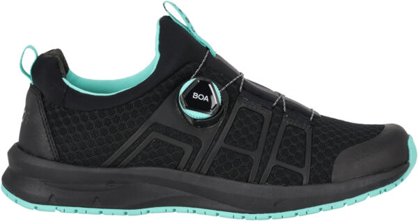 The shoe is black with turquoise accents. It features a lightweight, breathable upper and a flexible sole. There is a quick closure system on the side.