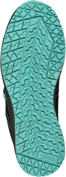 The image shows the sole of a shoe. It is predominantly black with a bright turquoise tread. The tread features various grooves and patterns for better grip.