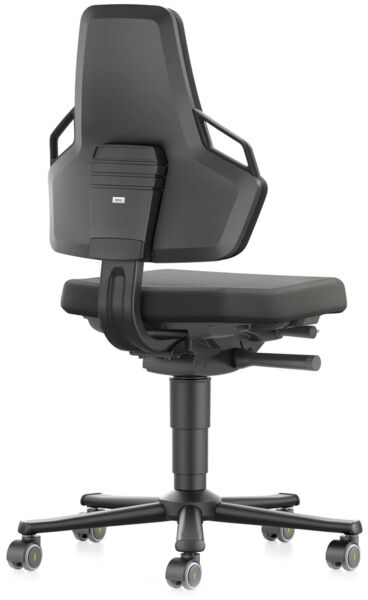 The image shows a modern office chair. It has a black, ergonomic backrest with armrests and a green seat. The chair is mounted on a swivel base with casters.