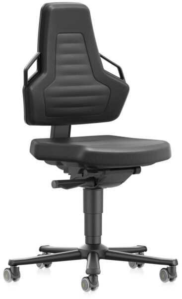 The chair is completely black and has a high backrest with soft, dimpled indentations. It stands on five casters and has side armrests. The seat is flat and wide.