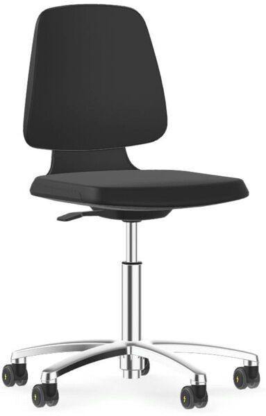 It is a black office chair with a simple design. The backrest is slightly curved, the seat is flat and padded. The chair has an adjustable metal base with five casters.