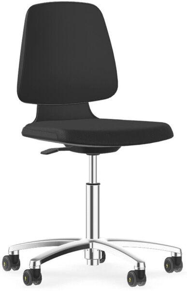 The chair has a black, ergonomic seat with a curved backrest. It stands on a sturdy, chrome-plated base with casters for easy mobility.