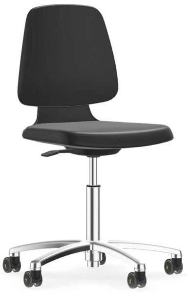 The image shows a black office chair with an ergonomic design. It features a seat and backrest made of black material and an adjustable metallic base with casters.