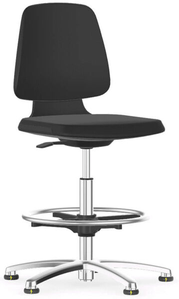 The chair is height-adjustable, has a black seat and backrest, and a sturdy, chrome-plated base with five casters. It appears modern and ergonomic.