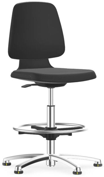 A swivel office chair with a black, padded seat and backrest. The base is made of silver metal with five casters and a round footrest for stability.