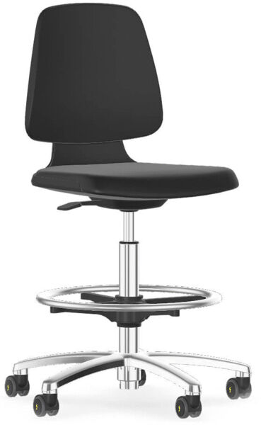 The chair has a black, padded seat and backrest. It is height-adjustable and stands on a silver base with five casters that move easily.