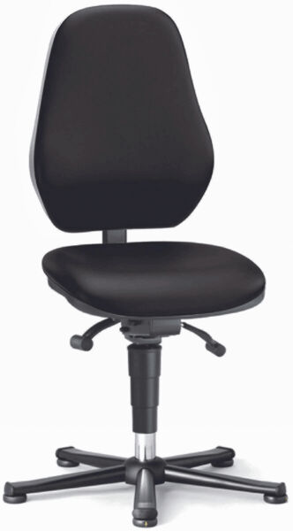 The image shows a black office chair with a padded seat and a high backrest. It has an adjustable height and a sturdy base with five casters.