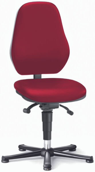 The chair has a red, padded seat and a tall, ergonomic backrest. It stands on a black, five-pointed base with casters for maneuverability.